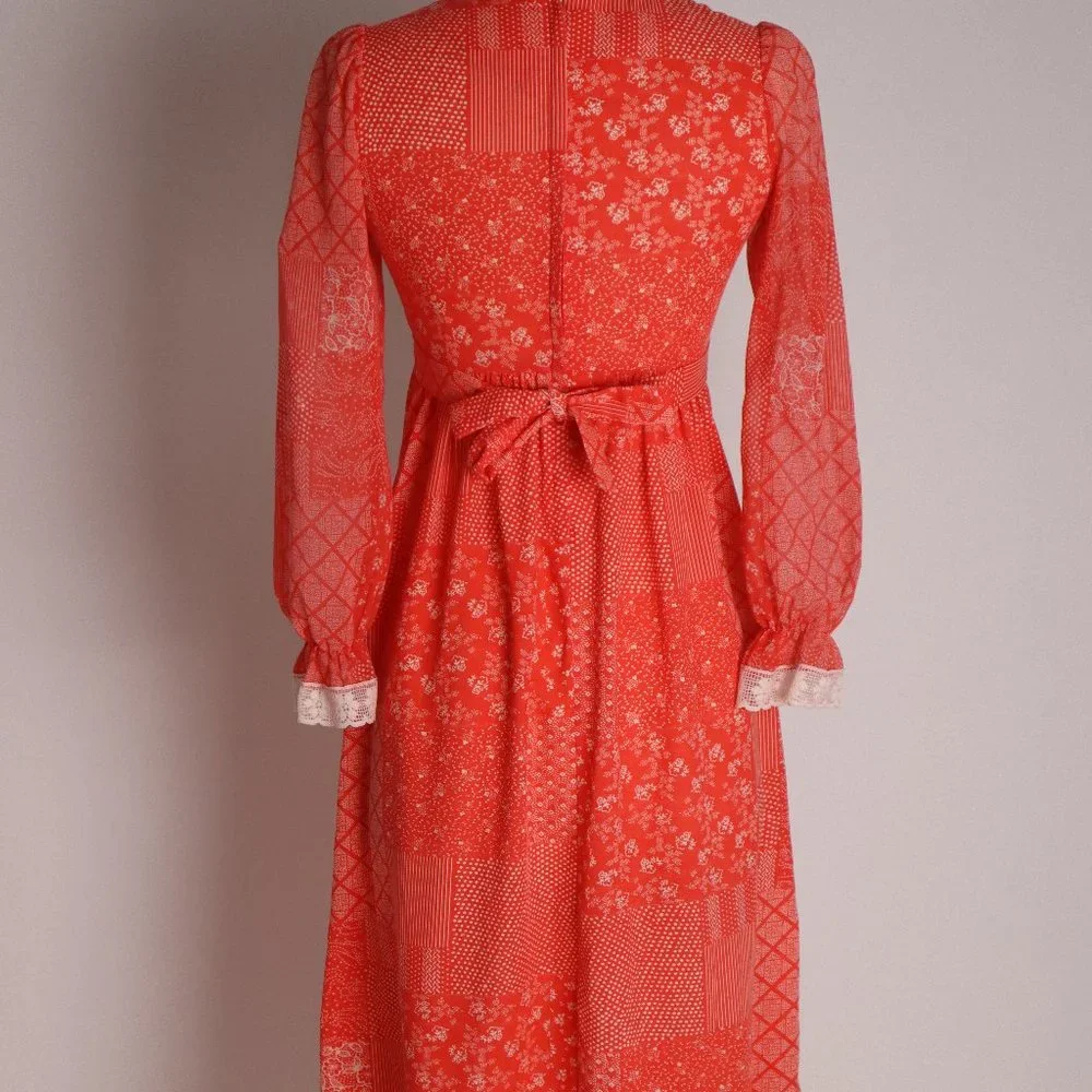 Vintage Red Prairie Boho Calico Cottage Core Floral Lace Dress Hippie Peasant XS - Picture 9 of 10